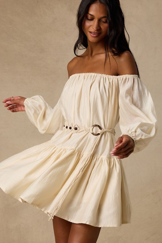 Ainsley Cream Off-the-Shoulder Belted Mini Dress