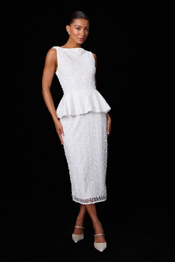 Nivina White Beaded Sequin Peplum Midi Dress