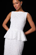 Nivina White Beaded Sequin Peplum Midi Dress