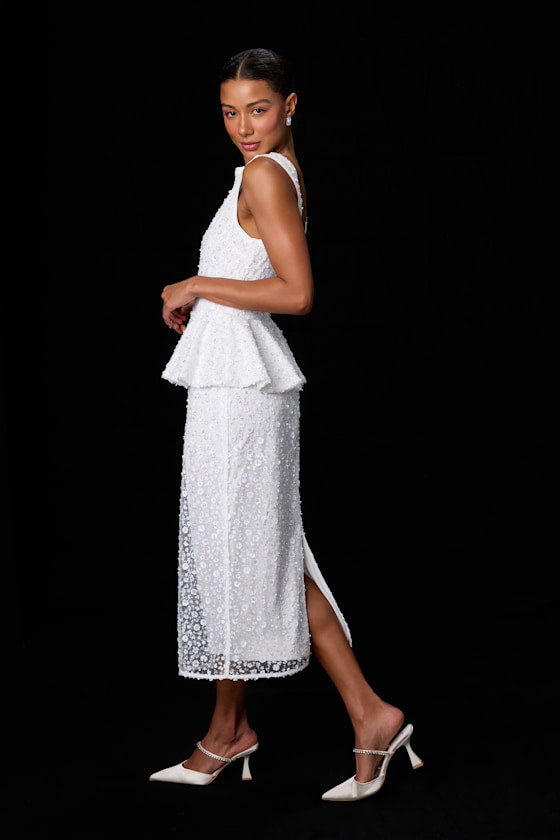 Nivina White Beaded Sequin Peplum Midi Dress