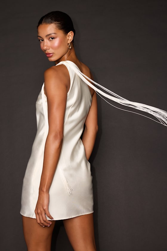 Deva Ivory Satin One-Shoulder Fringe Mini Dress