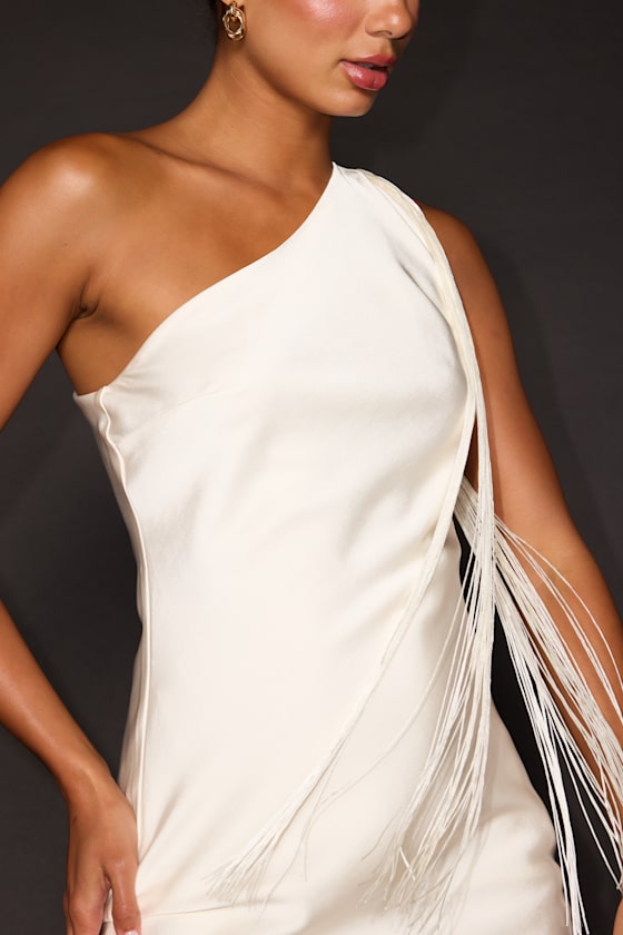 Deva Ivory Satin One-Shoulder Fringe Mini Dress
