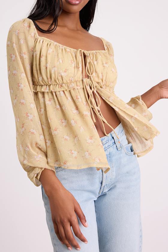 Lemmie Yellow Floral Chiffon Tie-Front Long Sleeve Top