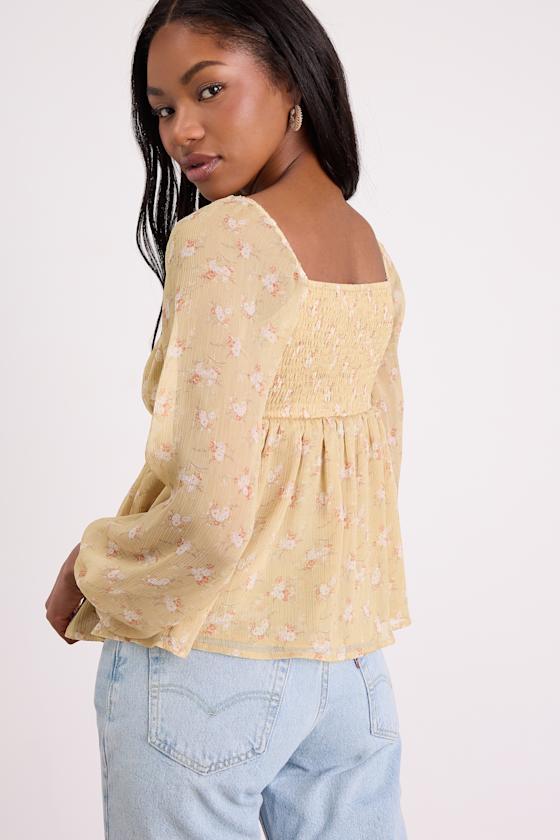 Lemmie Yellow Floral Chiffon Tie-Front Long Sleeve Top