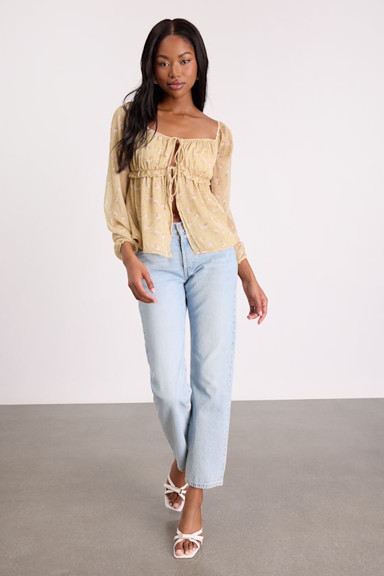 Lemmie Yellow Floral Chiffon Tie-Front Long Sleeve Top