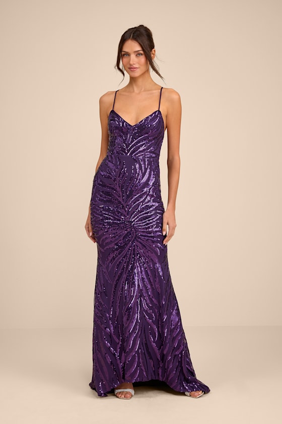 Sparkle 'til Dawn Dark Purple Sequin Lace-Up Mermaid Maxi Dress