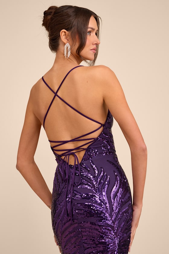 Sparkle 'til Dawn Dark Purple Sequin Lace-Up Mermaid Maxi Dress