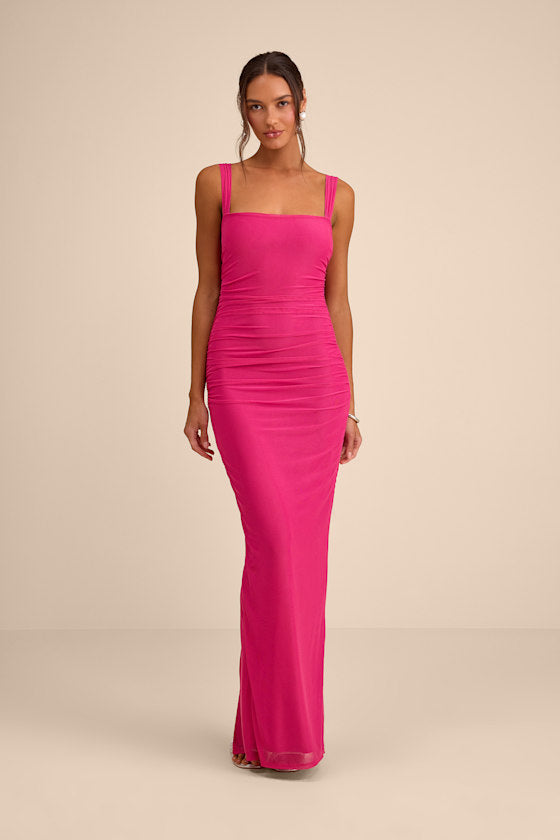 Amazing Presence Fuchsia Mesh Ruched Column Maxi Dress