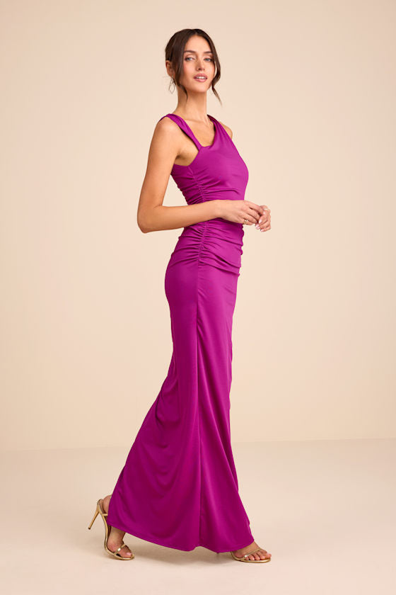 Enticing Darling Magenta Asymmetrical Ruched Maxi Dress