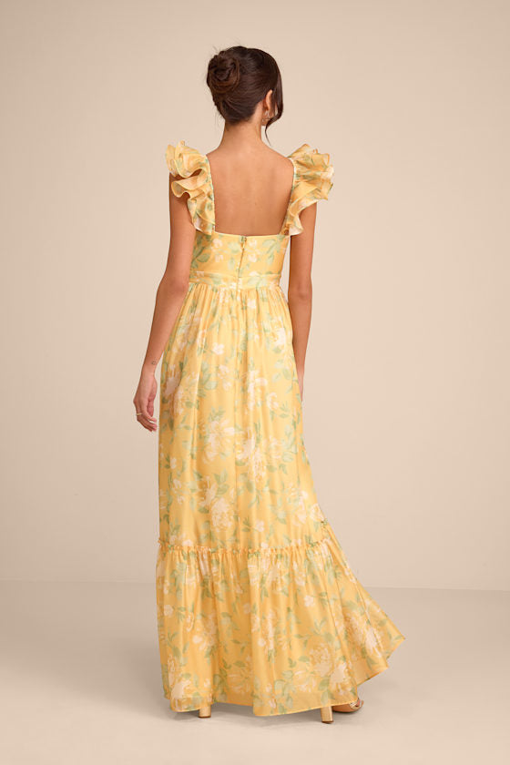 Soiree Perfection Yellow Floral Ruffled Tiered Maxi Dress