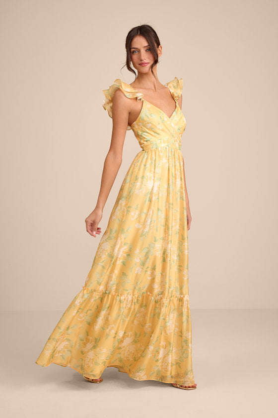 Soiree Perfection Yellow Floral Ruffled Tiered Maxi Dress
