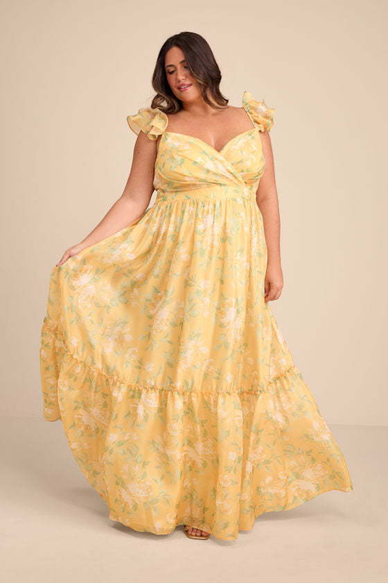 Soiree Perfection Yellow Floral Ruffled Tiered Maxi Dress