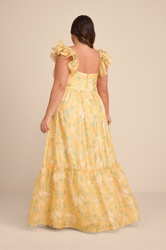 Soiree Perfection Yellow Floral Ruffled Tiered Maxi Dress