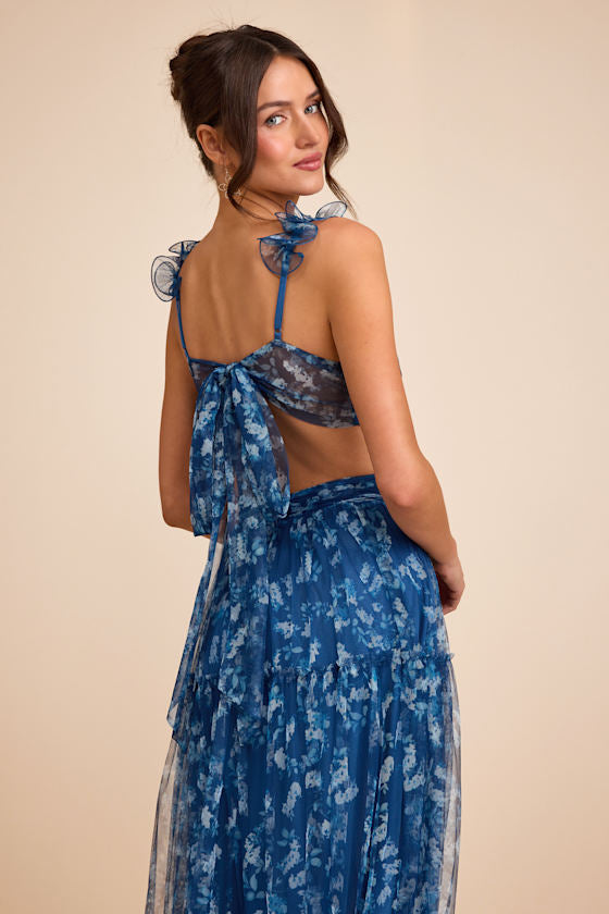 Ethereal Love Blue Floral Pleated Tiered Tie-Back Maxi Dress