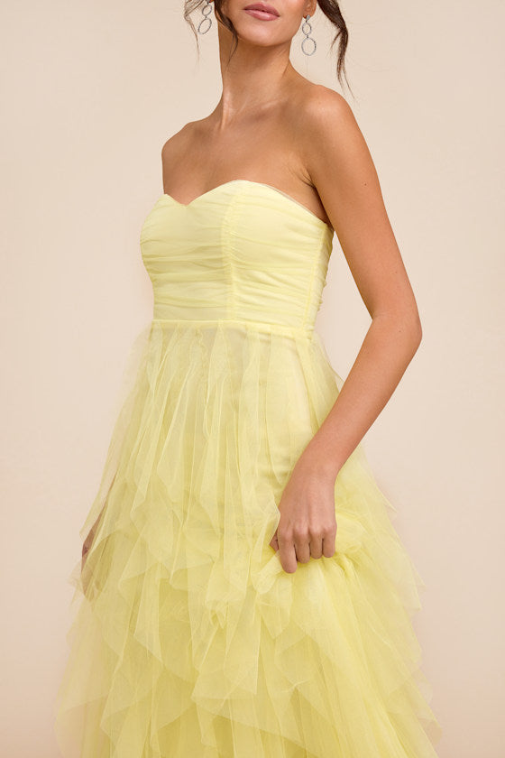 Delightful Beauty Yellow Strapless Ruched Ruffled Maxi Dress
