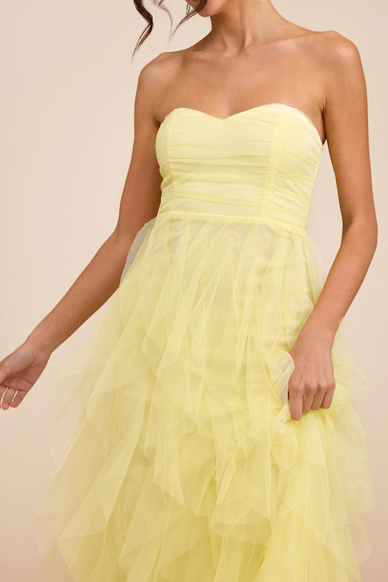 Delightful Beauty Yellow Strapless Ruched Ruffled Maxi Dress