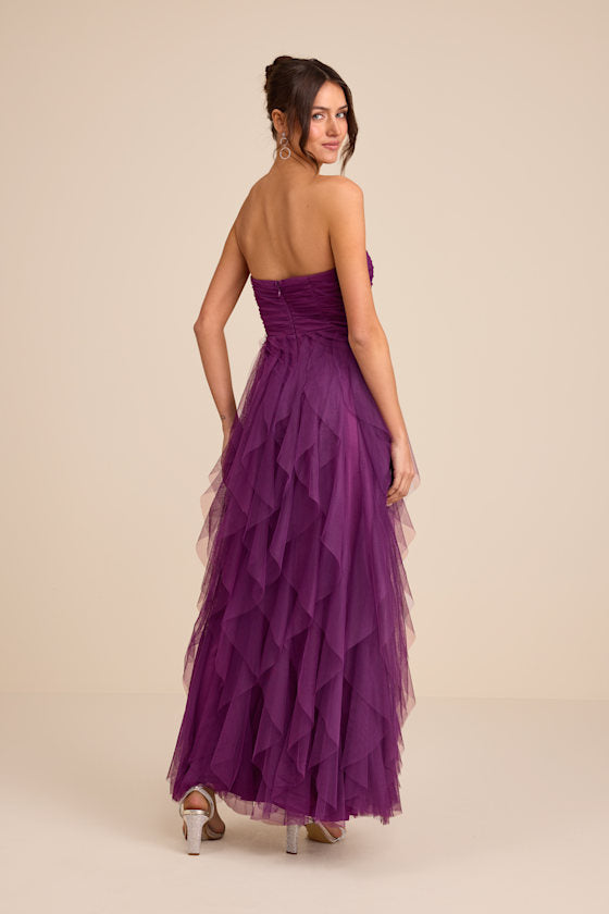 Delightful Beauty Plum Mesh Strapless Ruched Ruffled Maxi Dress