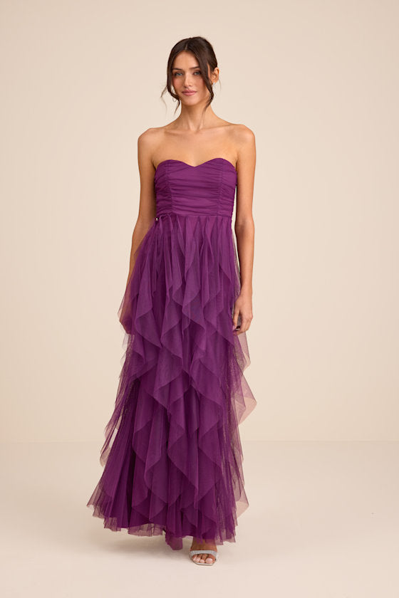 Delightful Beauty Plum Mesh Strapless Ruched Ruffled Maxi Dress