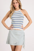Elra Light Blue Cotton Faux-Wrap Mini Skirt