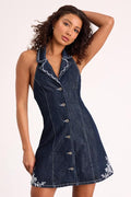 Rani Dark Wash Denim Embroidered Halter Mini Dress