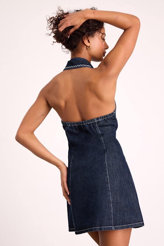 Rani Dark Wash Denim Embroidered Halter Mini Dress