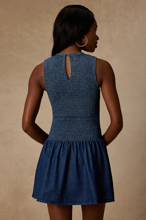 Aisha Medium Wash Denim Smocked Mini Dress