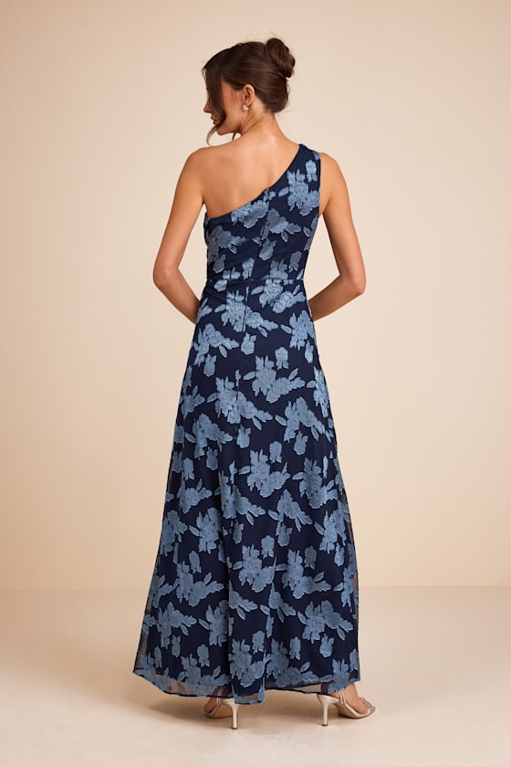Renni Navy Blue Floral Jacquard One-Shoulder Maxi Dress