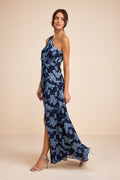 Renni Navy Blue Floral Jacquard One-Shoulder Maxi Dress