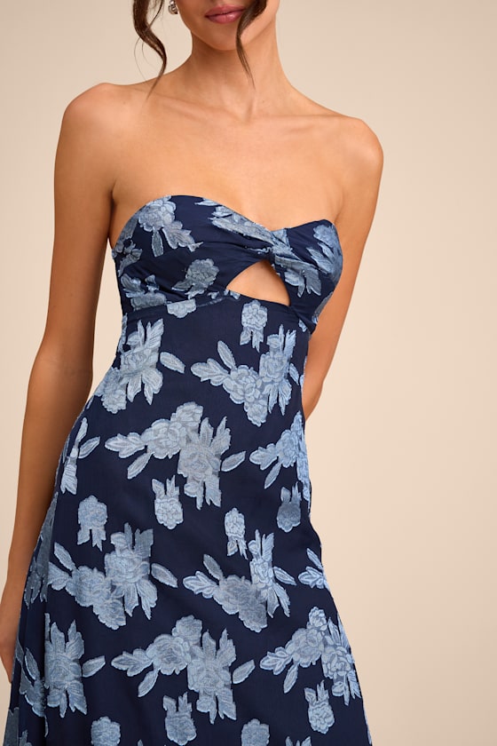 Danae Navy Blue Floral Jacquard Strapless Maxi Dress