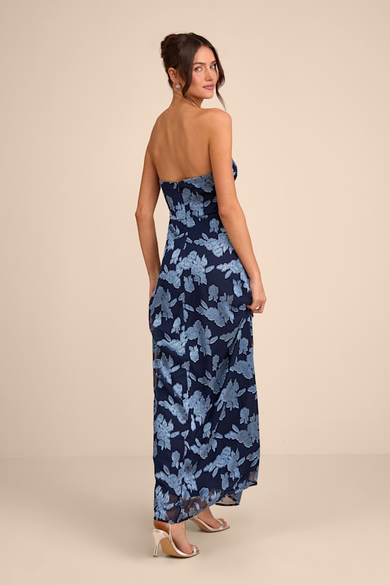 Danae Navy Blue Floral Jacquard Strapless Maxi Dress