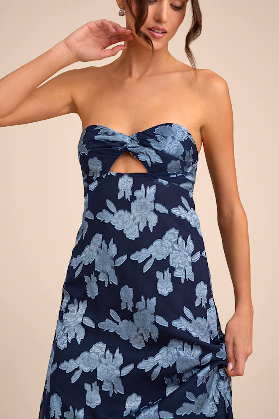 Danae Navy Blue Floral Jacquard Strapless Maxi Dress