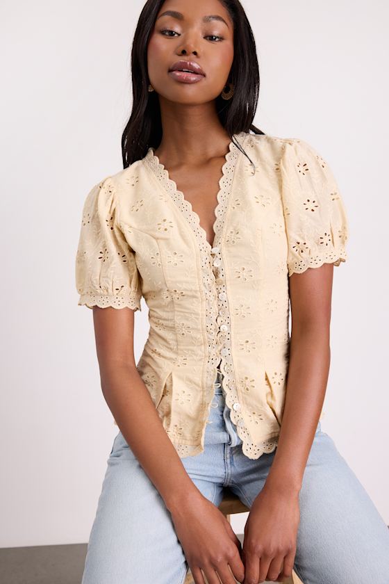Briar Beige Eyelet Embroidered Button-Front Top