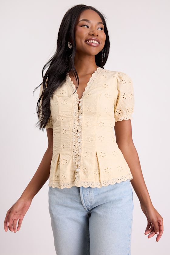 Briar Beige Eyelet Embroidered Button-Front Top