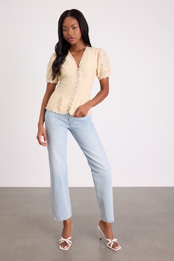 Briar Beige Eyelet Embroidered Button-Front Top