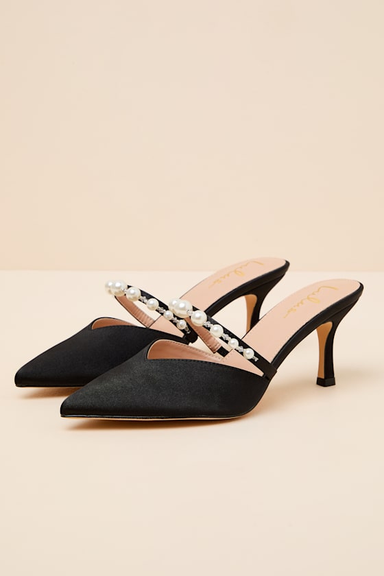 Daryll Black Satin Pearl Pointed-Toe Mule Pumps