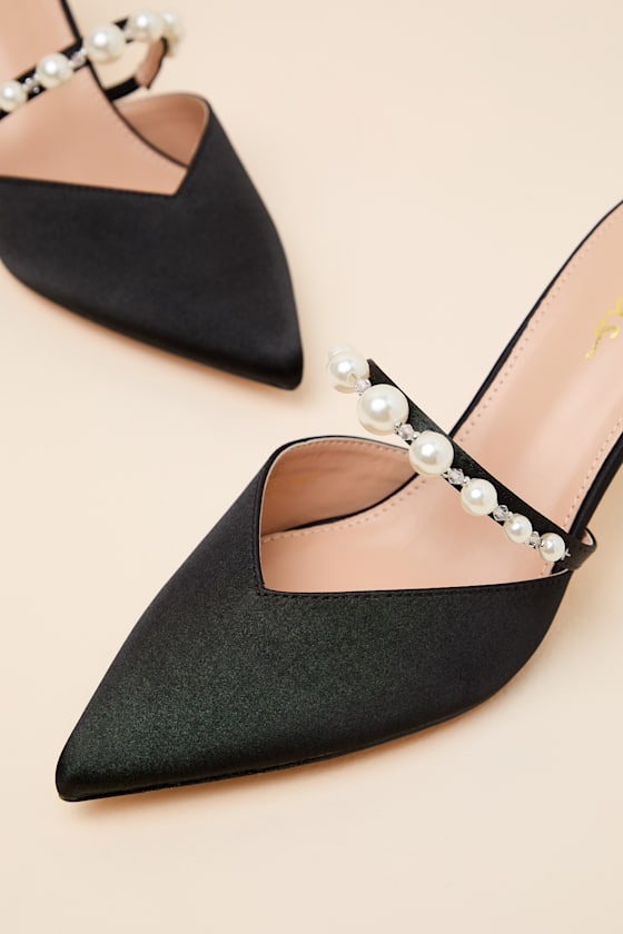 Daryll Black Satin Pearl Pointed-Toe Mule Pumps