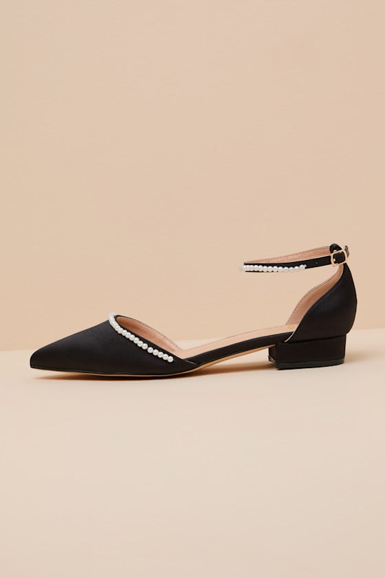 Phoebee Black Satin Pearl Pointed-Toe Ankle Strap Flats