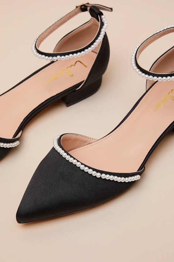 Phoebee Black Satin Pearl Pointed-Toe Ankle Strap Flats
