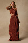 Rocca Rust Plisse Pleated Cutout One-Shoulder Maxi Dress