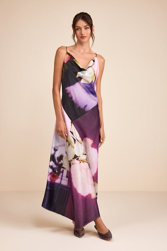 Ellie Purple Multi Floral Satin Cowl Neck Maxi Dress