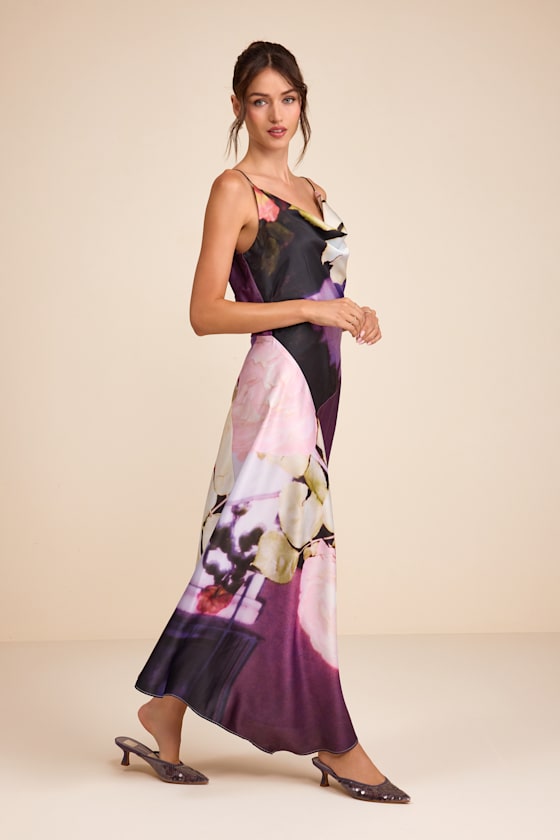 Ellie Purple Multi Floral Satin Cowl Neck Maxi Dress