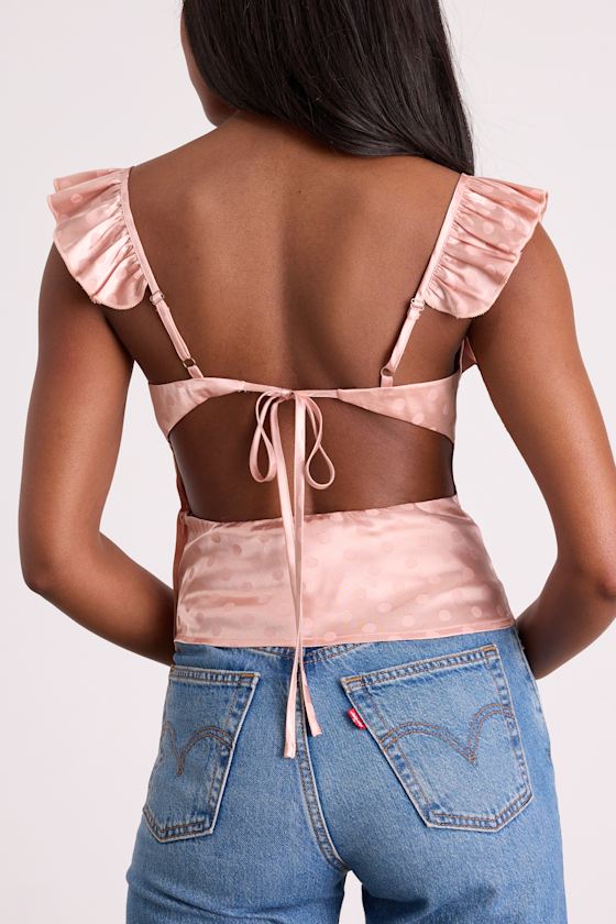 Vivi Light Pink Polka Dot Satin Ruffled Tie-Back Top