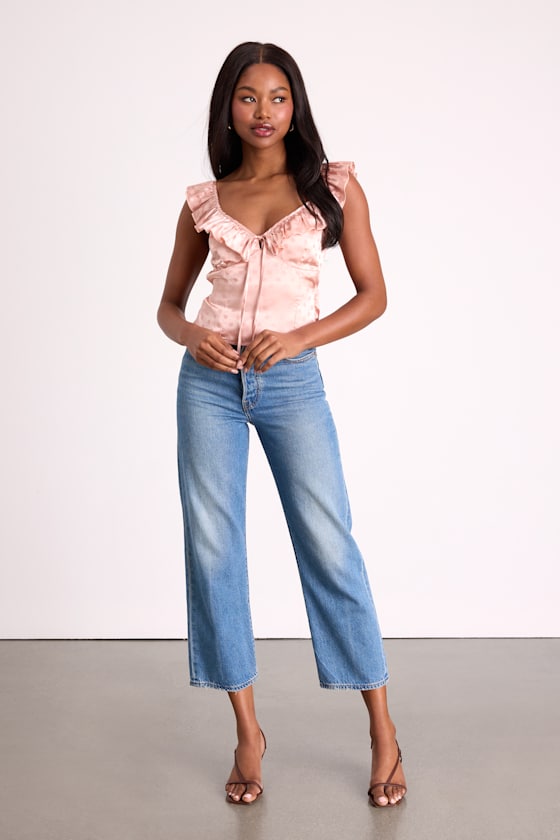 Vivi Light Pink Polka Dot Satin Ruffled Tie-Back Top