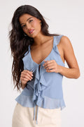 Ivanna Slate Blue Ruffled Tie-Front Tank Top