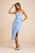 Kattalin Light Blue Floral Applique Strapless Midi Dress