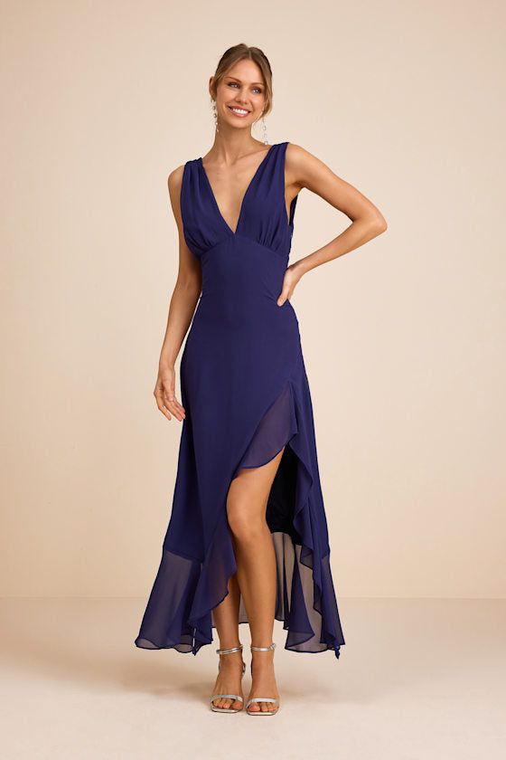 Laraline Navy Ruffled Cowl Back Maxi Dress