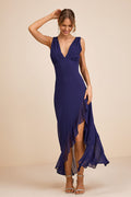 Laraline Navy Ruffled Cowl Back Maxi Dress