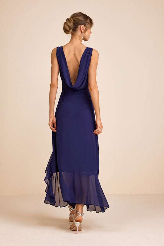 Laraline Navy Ruffled Cowl Back Maxi Dress