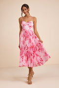 Francette Pink Floral Satin Pleated Midi Dress