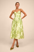 Vivinna Lime Green Floral Jacquard Pleated Midi Dress
